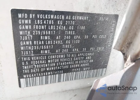 2011 Volkswagen Tiguan Se from USA, damaged, VIN WVGAV7AX9BW514225